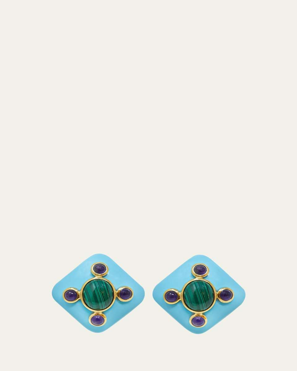 Rhombus Resin Earrings with Malachite and Amethyst